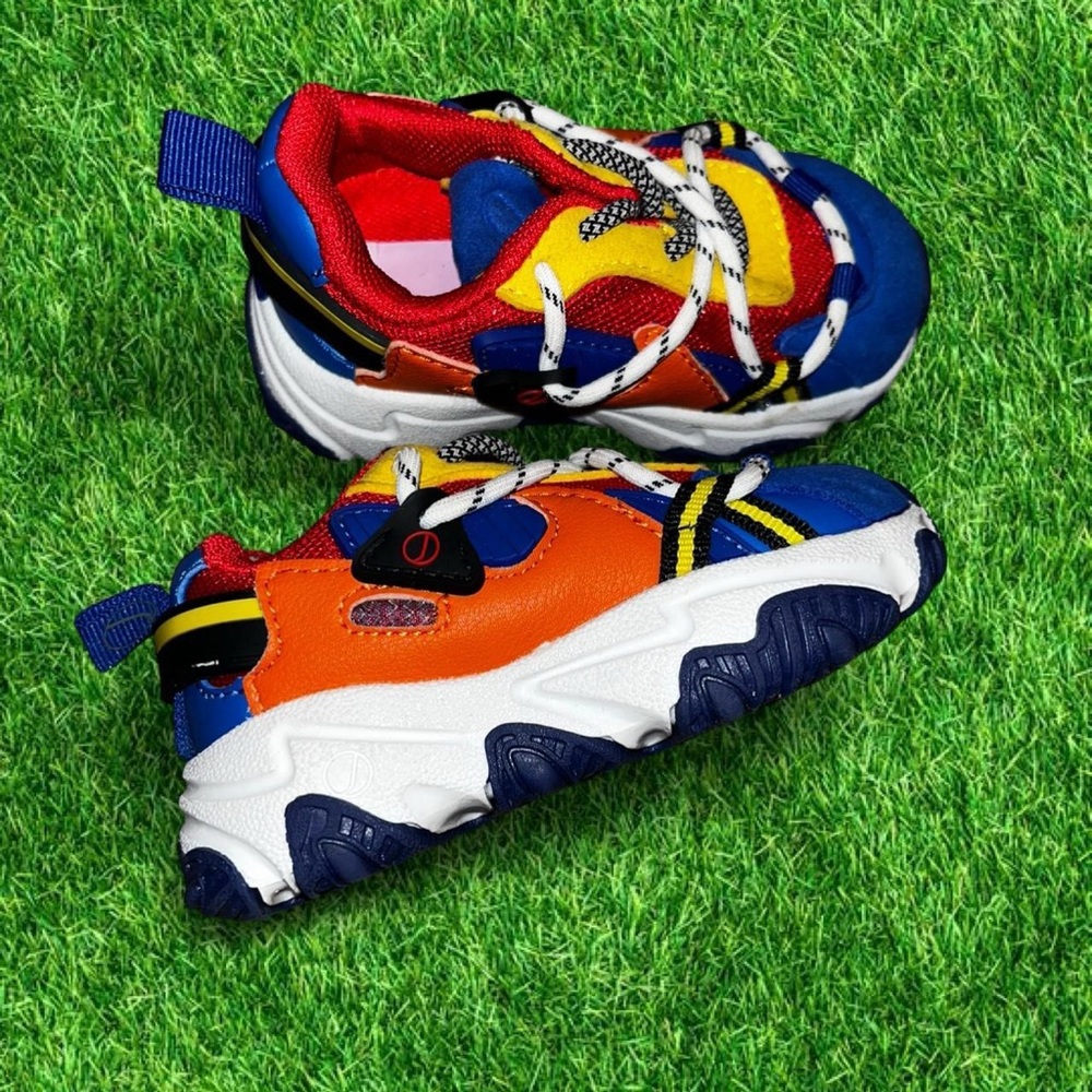 Javi Chaos toddler sneakers in the blue, red, yellow, and orange colorway